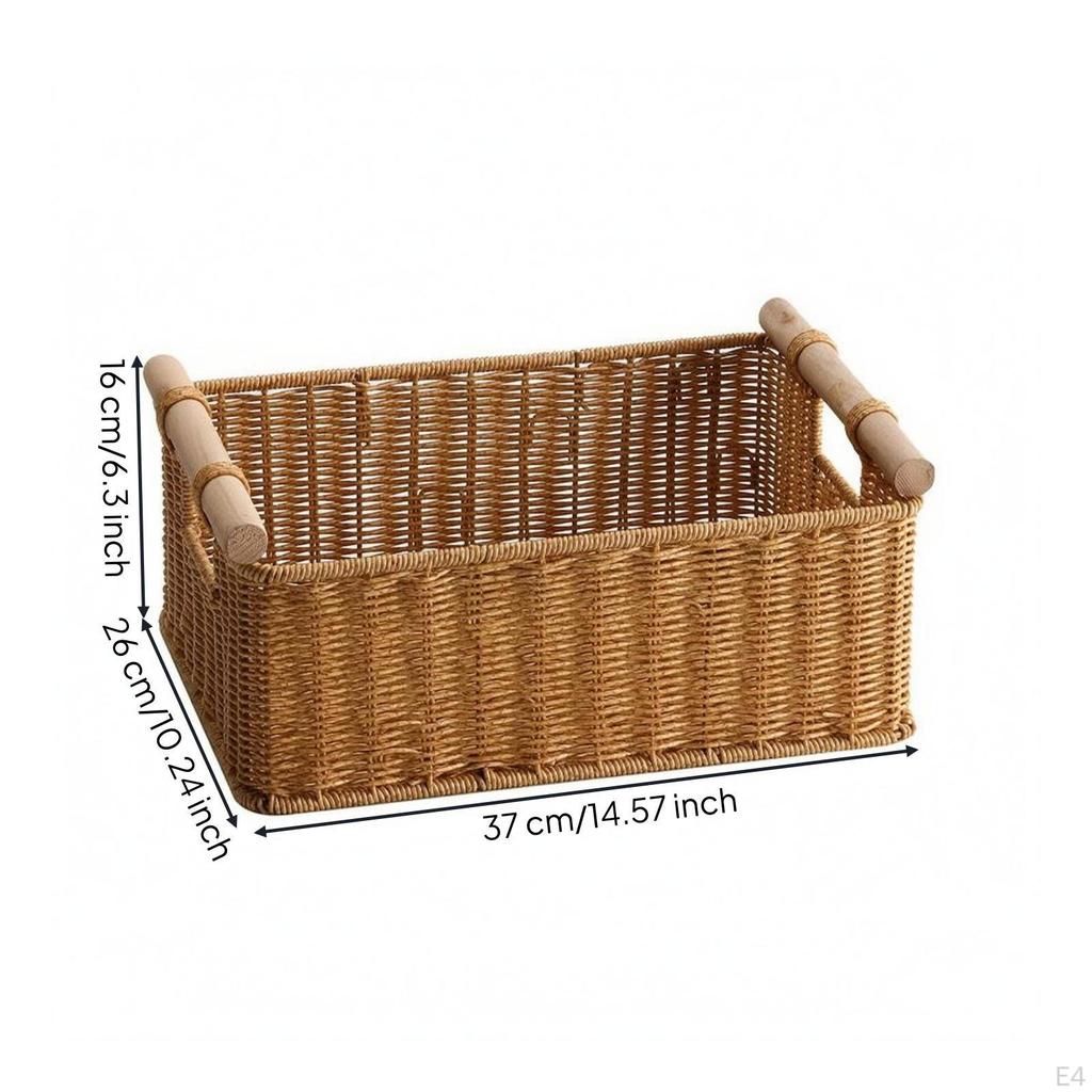 Rectangular Open Top Basket Reinforced Rattan Storage Wood Look Handles Walnut Flat