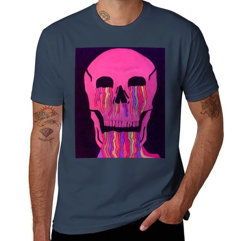 Pink Neon Melting Skull TShirt Durable Work Wear TShirt