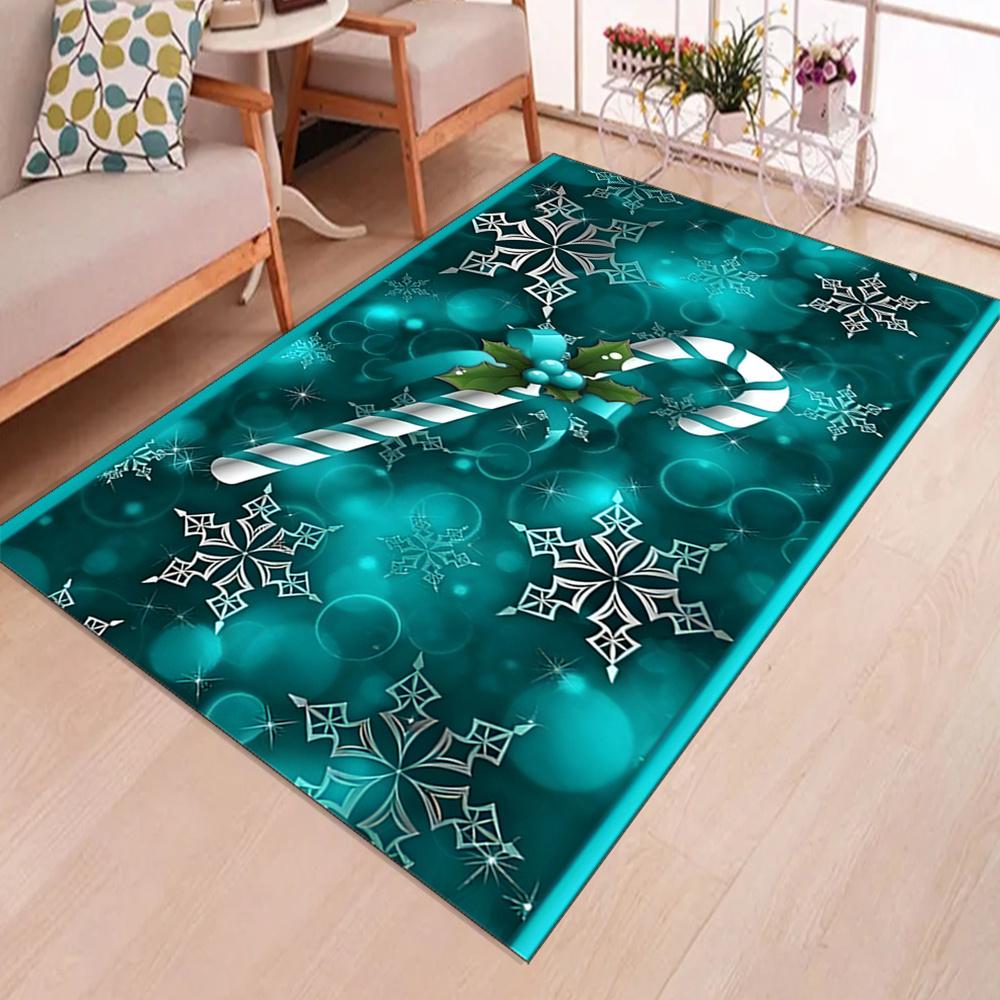 1pc Christmas Snowflake Area Rug - Soft Crystal Velvet, Teal Background with Candy Canes & Festive Snowflakes, Durable Polyester