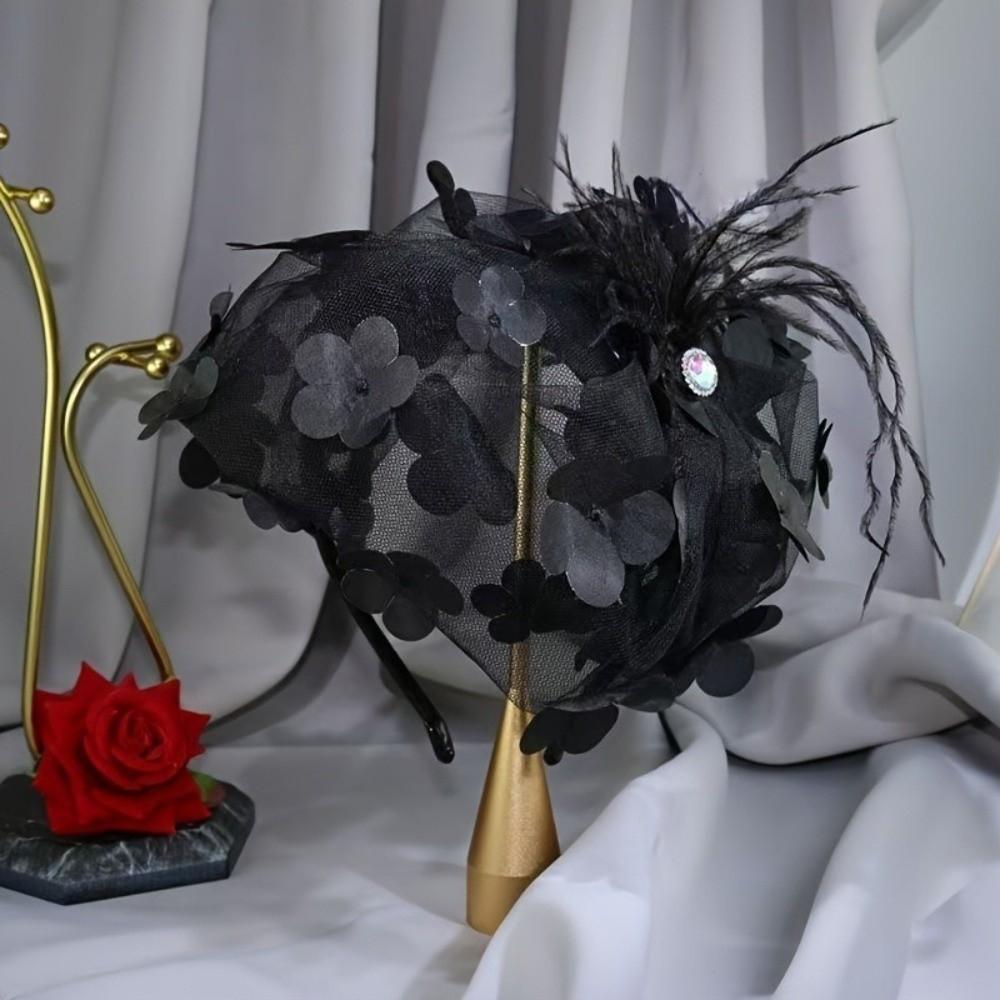 Luxury Feather Hat Hair Hoop Black/White Net Hairband Stylish Mesh Veil Headdress Caps  for Women