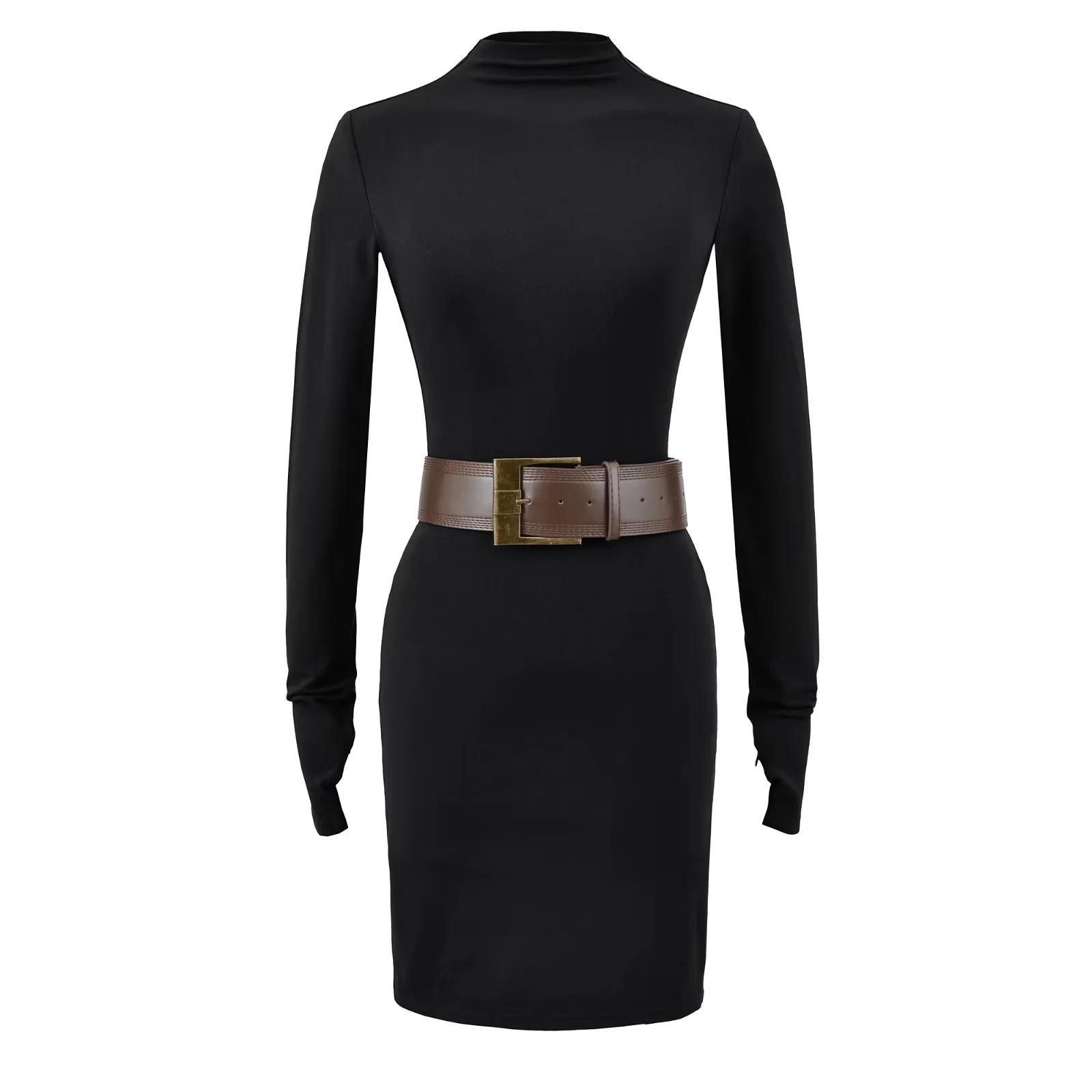 

Pure Desire Grey Half-High Neck Long Sleeve Slimming Dress for Women – Autumn/Winter Hip-Hugging Base Layer Skirt Medium чёрный