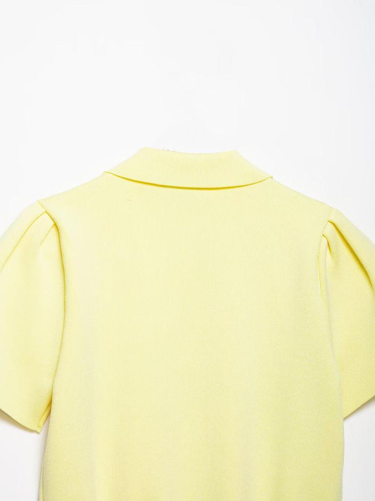 Spring 2026 Yellow Short Sleeve Knitwear with Bow Decoration for Women - European & American Style