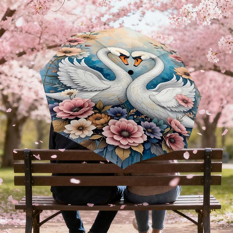 1pc Swans Flowers Automatic Open/Close Umbrella Compact Folding Umbrella with 8-Rib Shaft for Women/Men, Elegant Birthday1134S