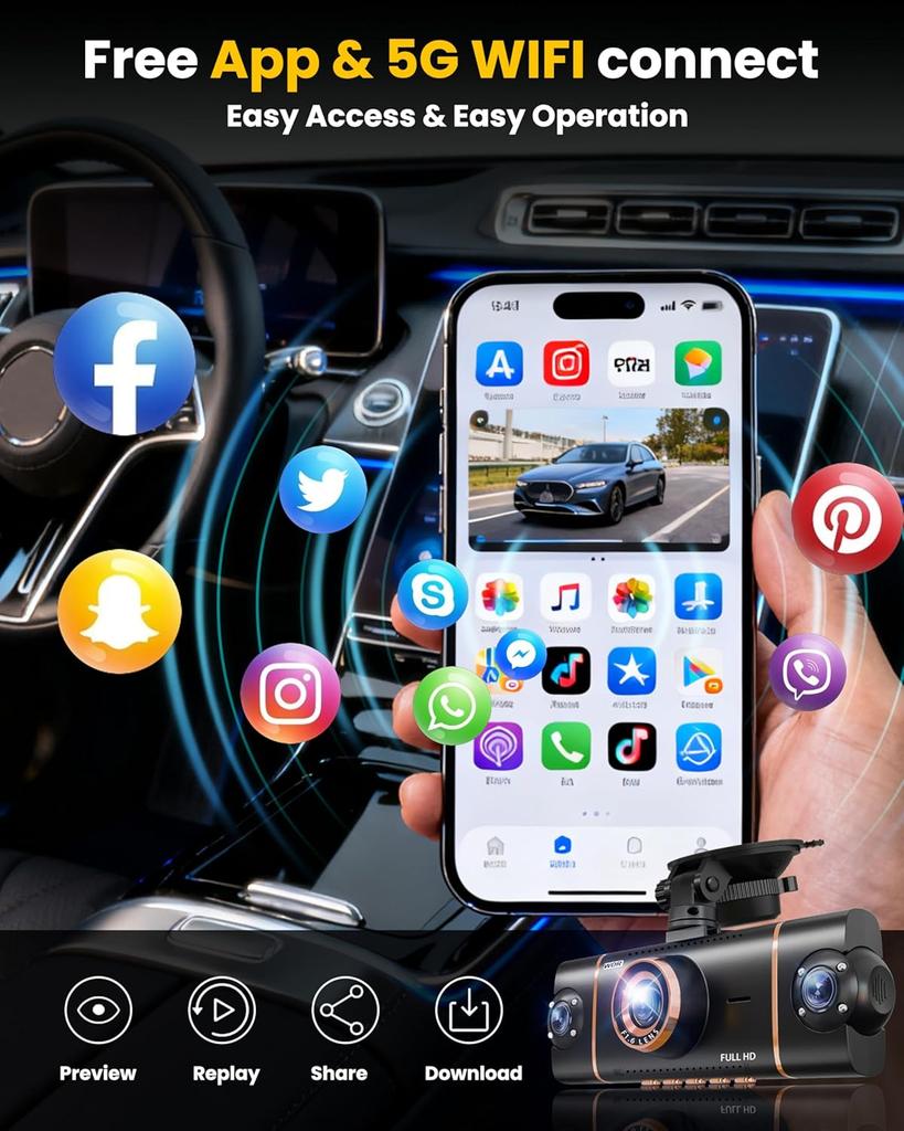4 Channel 360° Dash Cam Front Rear Inside & Left Right,4K+1080P*3 FHD Car Camera,5GHz WiFi & App Control,8 IR Lamps Night Vision,24H Parking Mode