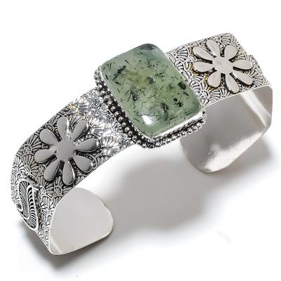 Natural Prehnite Gemstone 925 Sterling Silver Cuff Bangle Adjustable B8w13