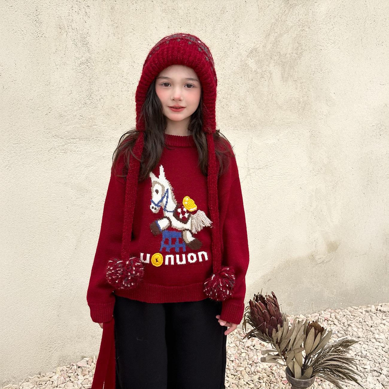 

Yuchen Girls Cartoon Sweater: 2025 Winter Warm Knit Top for Kids Size 140 червоний