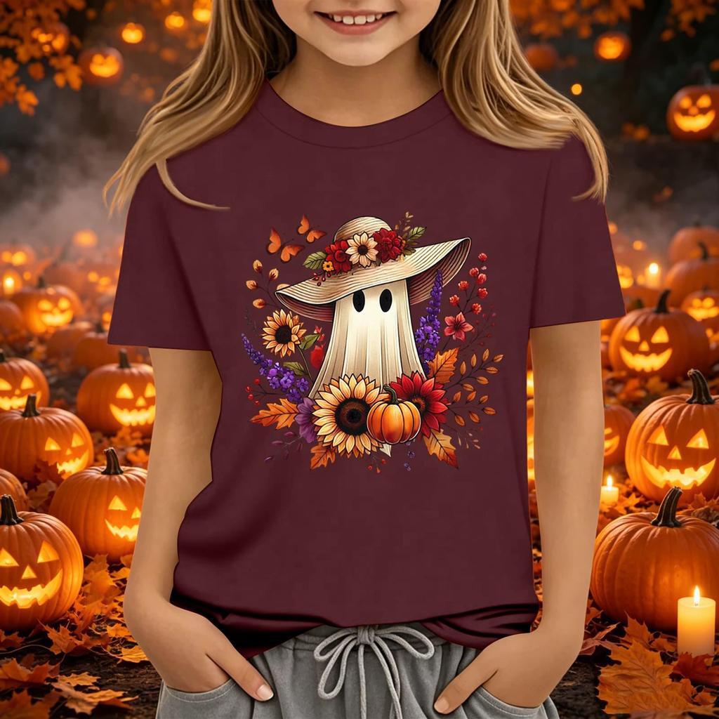 Kids Halloween Printed Short Sleeve T-Shirt Loose Fit Round Neck Casual Tee