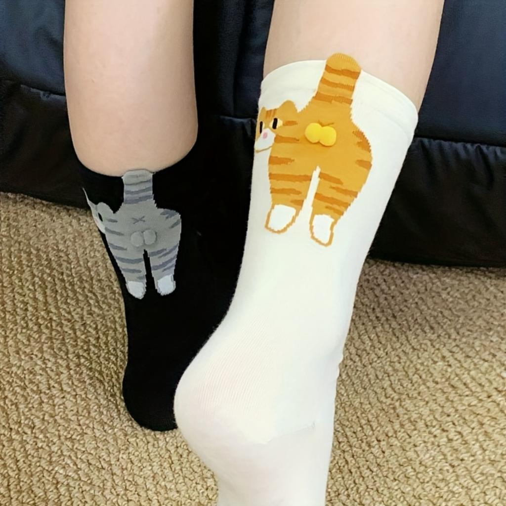 Women's Quirky 3D Cat Design Socks - 3 Pairs for Spring, Autumn, Winter