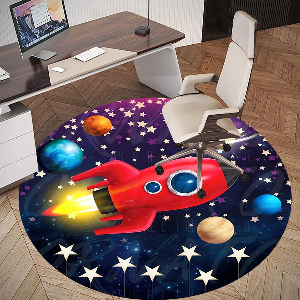 1pc Rocket Galaxy Round Chair mat Area Rug - Non-Slip, Floor Mat for Office, Bedroom, home decor Christmas Gift p0811130