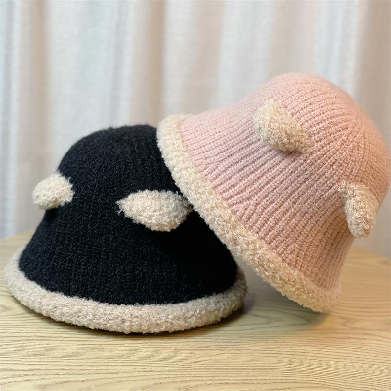 Cute Bear Ears Plush Fisherman Hat for Women New Spring and Autumn Versatile Face Showing Small Knitted Bucket Hat Winter