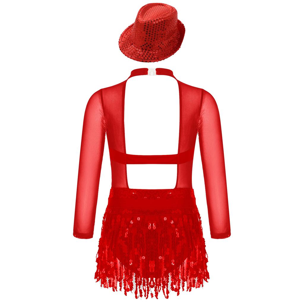 Mädchen Jazz Tanzkleid Langarm Hohlrücken Patchwork Design Glänzende Pailletten Quasten Bühnenoutfit