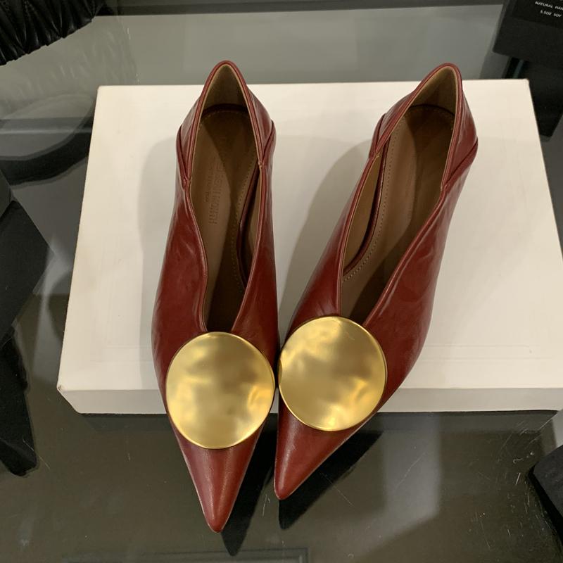 Fashion SUOJIALUN 2025 Autumn New Brand Women Pumps Shoes Fashion Gold Metal Shallow Slip On Single Shoes Thin Low Heel Dress Pumps