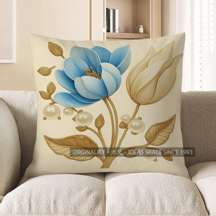 Home Decor Blue & Cream Floral Patterned Decorative Pillow Pattern Cushion Cover Suitable For Sofa Bedroom Car Pillow Cover