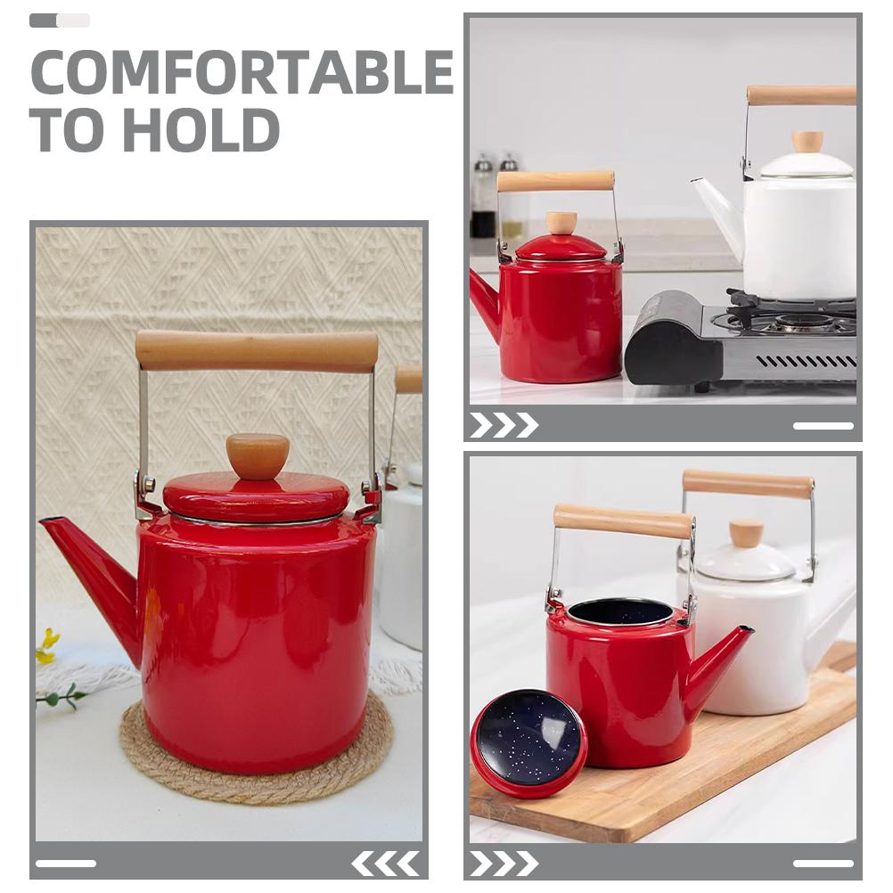 Retro emaljerad spishäll tekanna 2 4L Rött trähandtag Vattenkokare för te kaffe mjölk Vintage kökskastrull Spis toppkokare