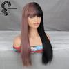 Half Black Half Pink Wig Long Straight Synthetic Wigs for Women with Bangs Cosplay Halloween Party or Daily Replacement Hair