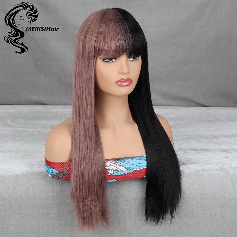 Half Black Half Pink Wig Long Straight Synthetic Wigs for Women with Bangs Cosplay Halloween Party or Daily Replacement Hair