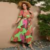 Plus Size V Neck Floral Print Boho Dress Women Summer Short Sleeve Maxi Dresses Holiday A-line Female Belted Dress