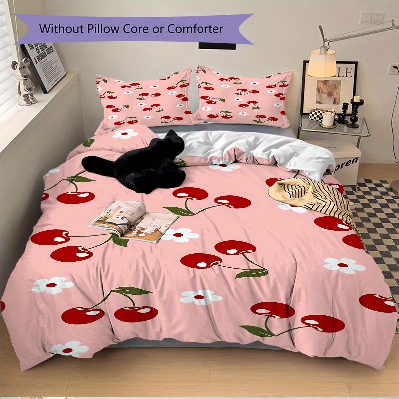 3pcs Cherry pattern 1Cover + 2Pillowcases, PillowInserts NotIncluded, Machine Washable, All - Season Use, Suitable for Bedroom Guest Room, 205
