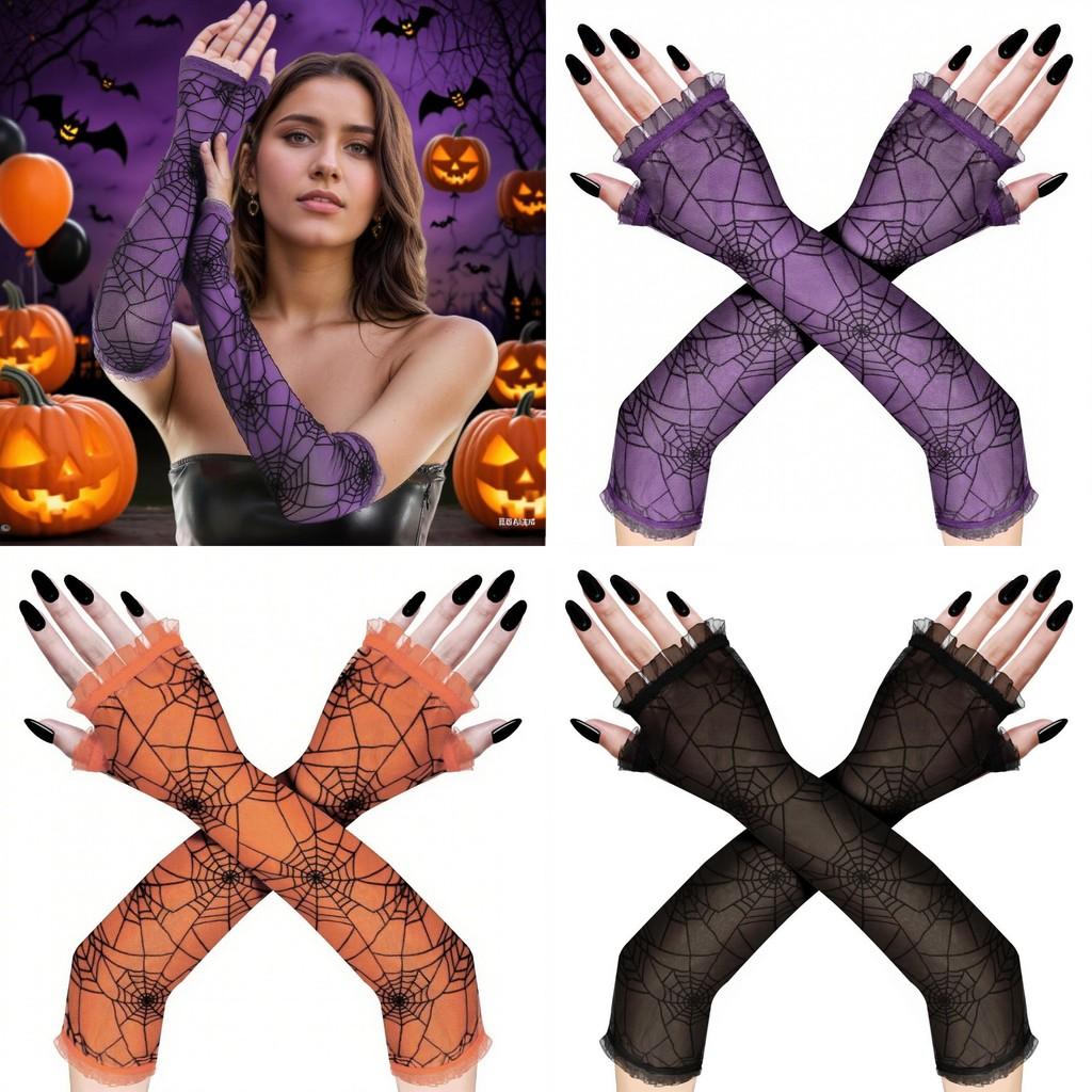 Long Halloween Costumes Gloves Spider Web Design Cosplay Party Decorations