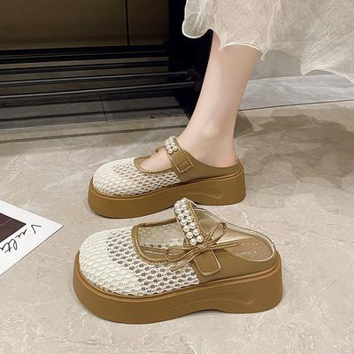 Thick-soled Hollow Bag Head Half Slippers Female Summer Wear 2025 New Fairy Wind Pearl Bow Lazy Cool Slippers