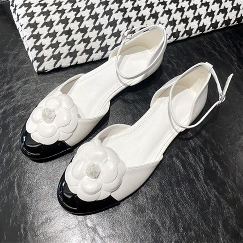 Luxury Brand Flower Designer Covered Toe Mary Jane Sandals Women Summer Fashion Hollow Low Heel Flats Soft Leather Women Shoes
