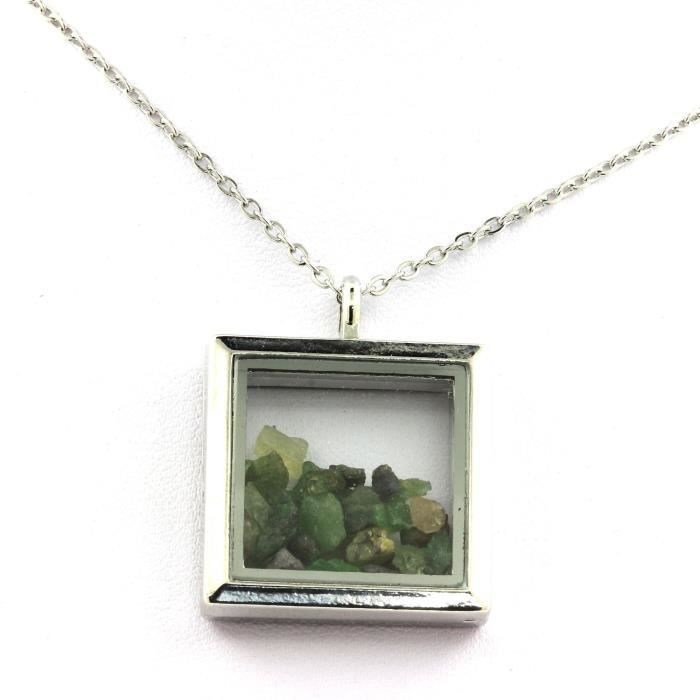 Collier - ABIJOUX - Grenat Tsavorite brut - Acier inoxydable - Modèle carré - Mixte