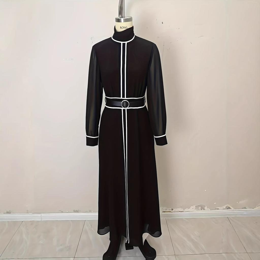 Amazon European and American winter French elegant wind contrasting color long-sleeved dress high-necked chiffon long belt long dress
