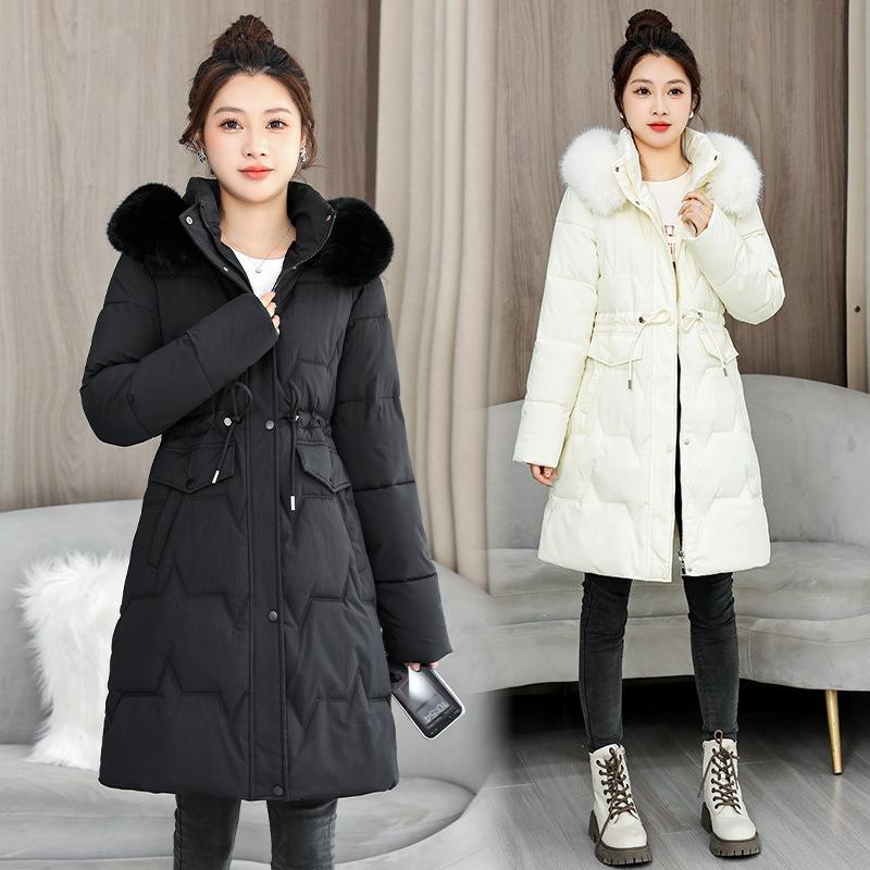 Medium and long slim-fitting large fur-neck cotton-padded clothes, new thin warm cotton-padded clothes, slim-fitting coats.
