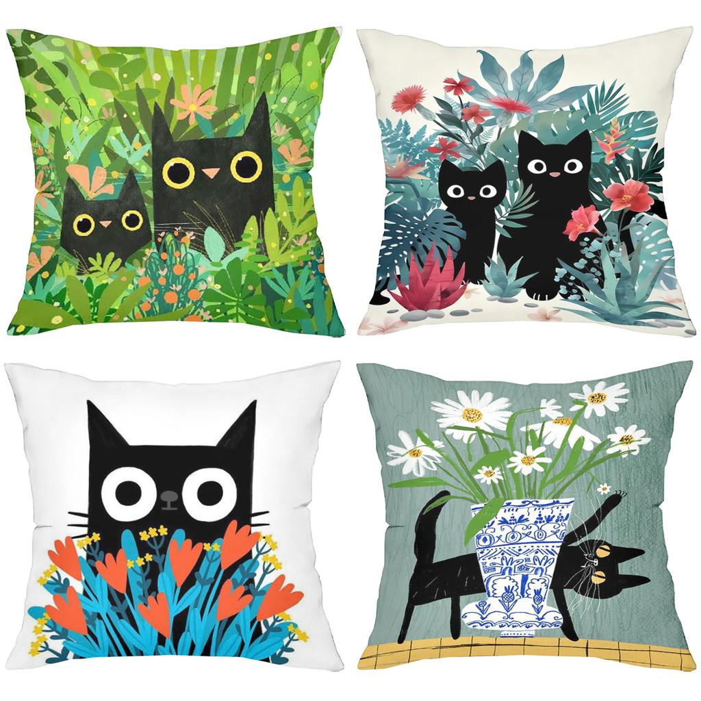 Black Cat And Floral Patterned Decorative Throw Pillows Polyester pillowcase, sofa decorative cushion cov Headboard Pillow