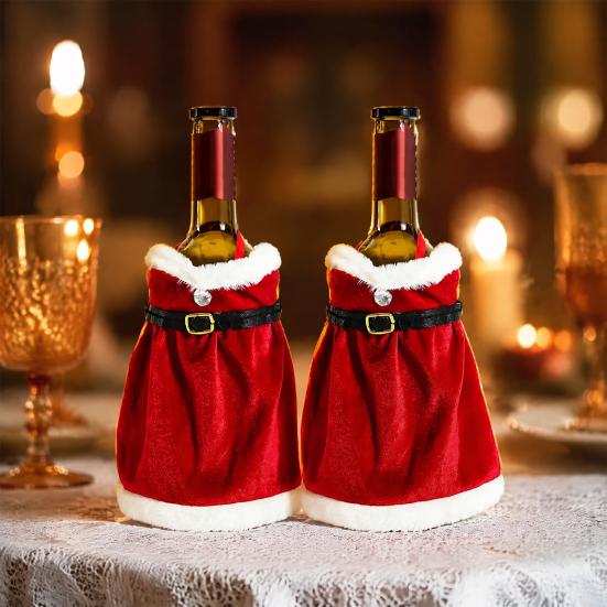 Red Velvet Wine Bag Christmas Bottle Cover, Santa Suit Sleeve, Plush Gift Wrap Cover for Xmas, New Year, Holiday Dinner Table Decor