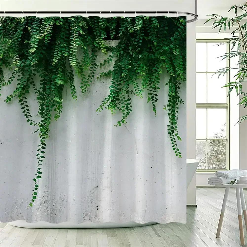 Vine Leaves Shower Curtain Green Plant Leaf Grey Wall Spring Floral Bath Curtains Set Polyester Fabric Bathroom Decor with XT6