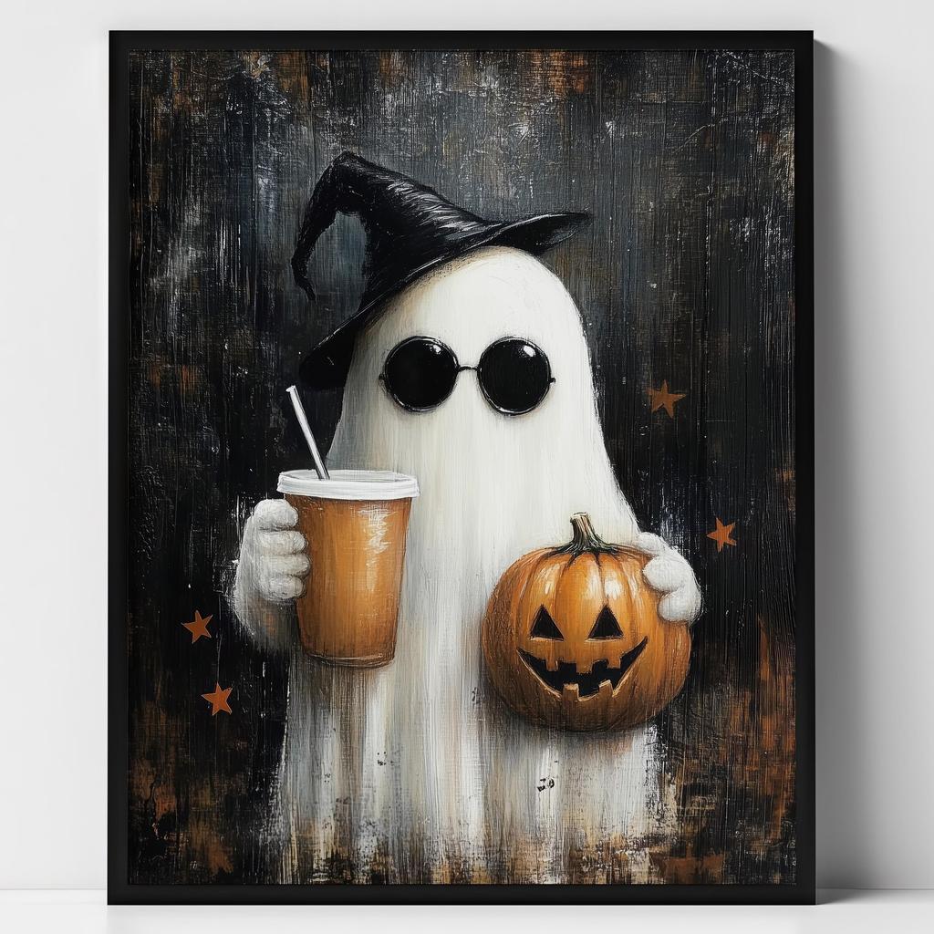 Cute Ghost Black Cat Riding A Broom Canvas Print Ghost Read Book Jack-o-lantern Halloween Wall Art Poster Autumn Home Decor Gift
