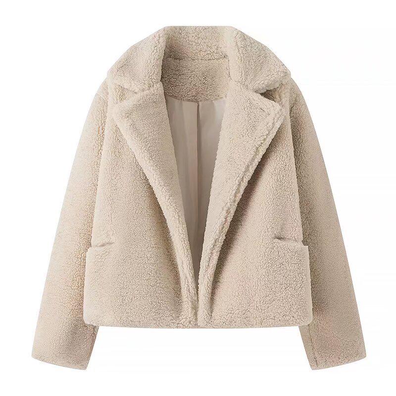 

European & American Women s Street Fashion Turn-Down Collar Fuzzy Coat Small брудно-білий