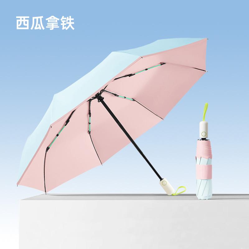 The new three-fold automatic 8-bone colored glue fabric is closed gradually, umbrella, UV protection and umbrella.