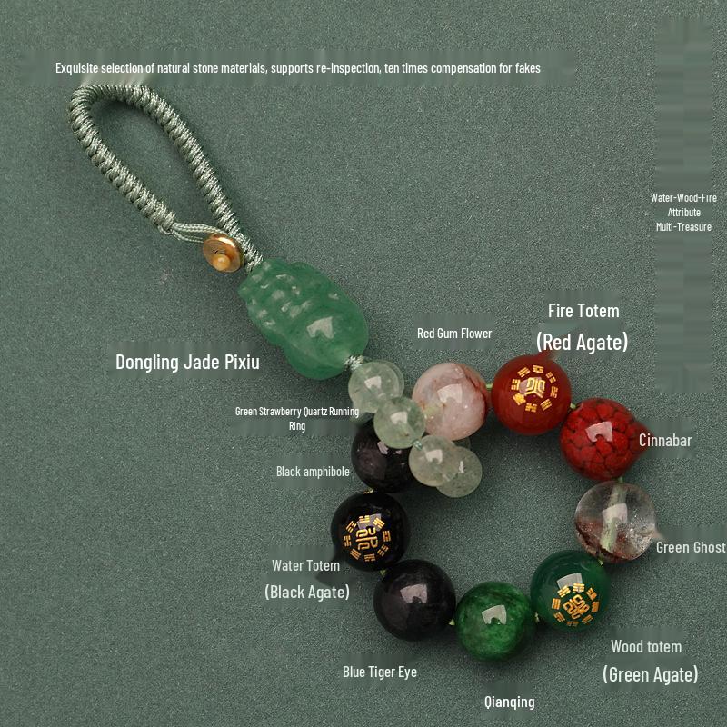 Zhenqiao Five Elements Pixiu Keychain: Wood, Fire, Earth, Metal, Water Crystal Pendant.