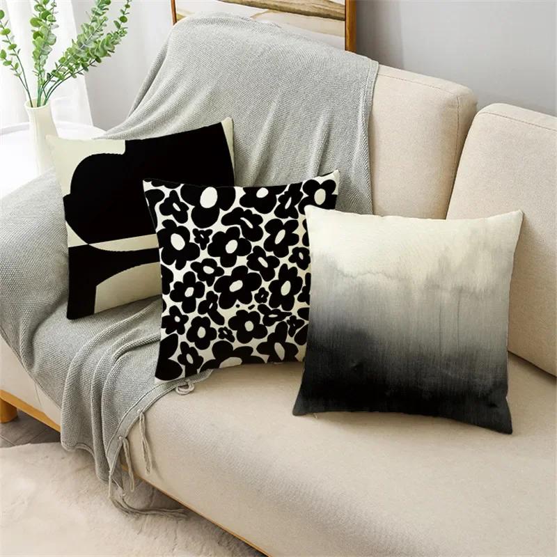 Black And White Collection Geometric Prints Linen Pillowcase Square Bedroom Car Decor Cushion Cover 40Cm/45Cm And 50Cm