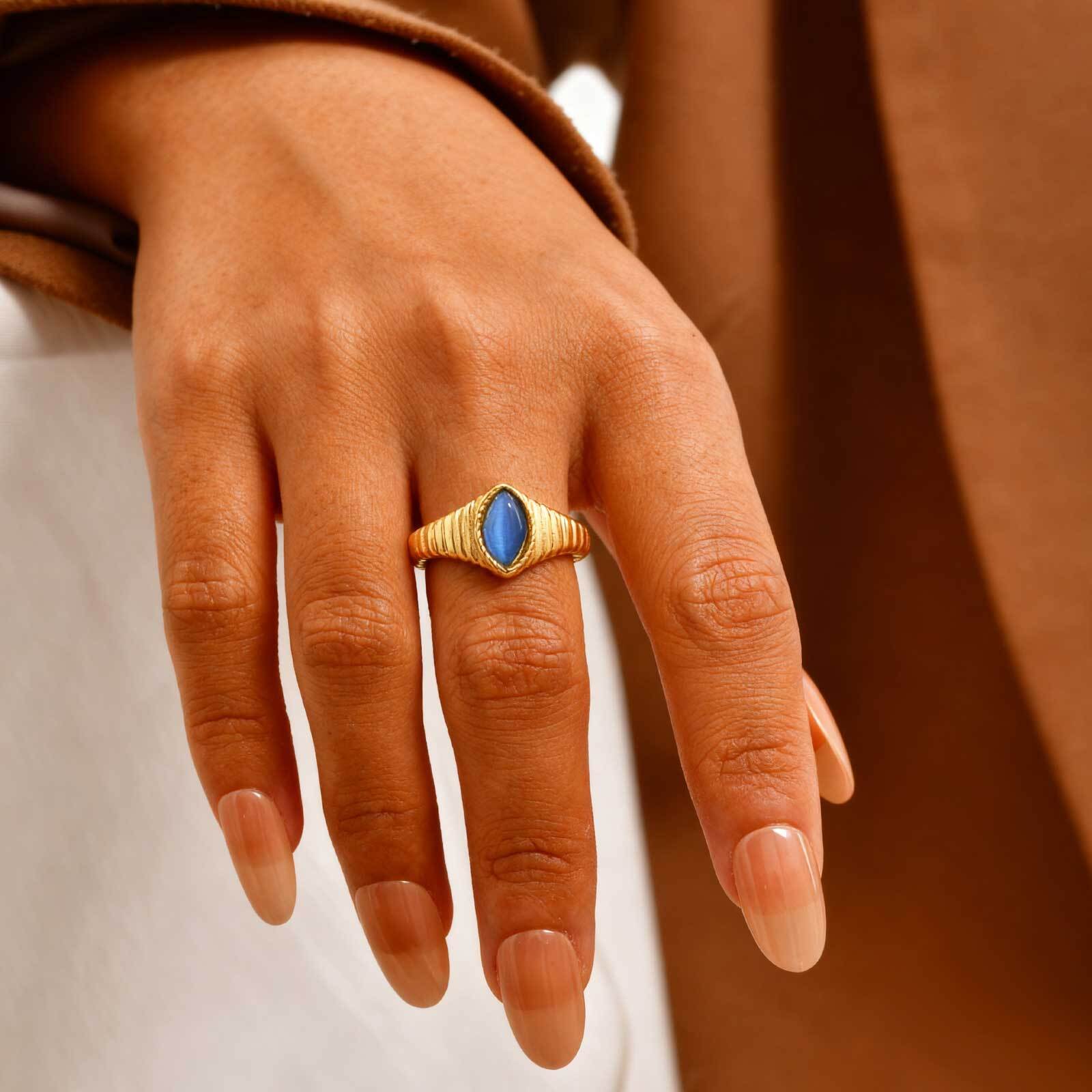 

Stainless Steel Finger Rings for Women, Vintage Opal Blue Natural Stone Eye-shape Ring, Aesthetic Jewelry US Ring Size 06