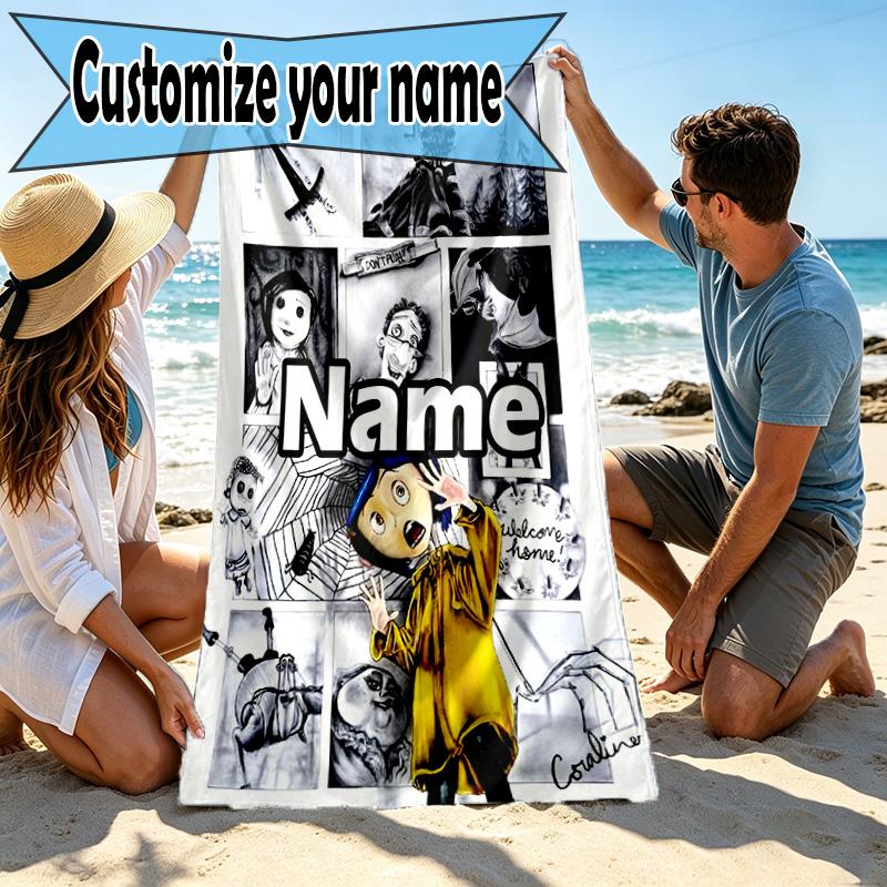 Custom Name Personalized Coraline Print Beach Towel, for Trip Camping Beach Party Home Decor, Birthday Gift for Family & Friends