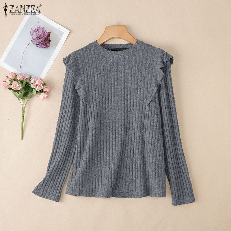 ZANZEA Γυναικεία μονόχρωμη μακρυμάνικη μπλούζα με στρογγυλή λαιμόκοψη