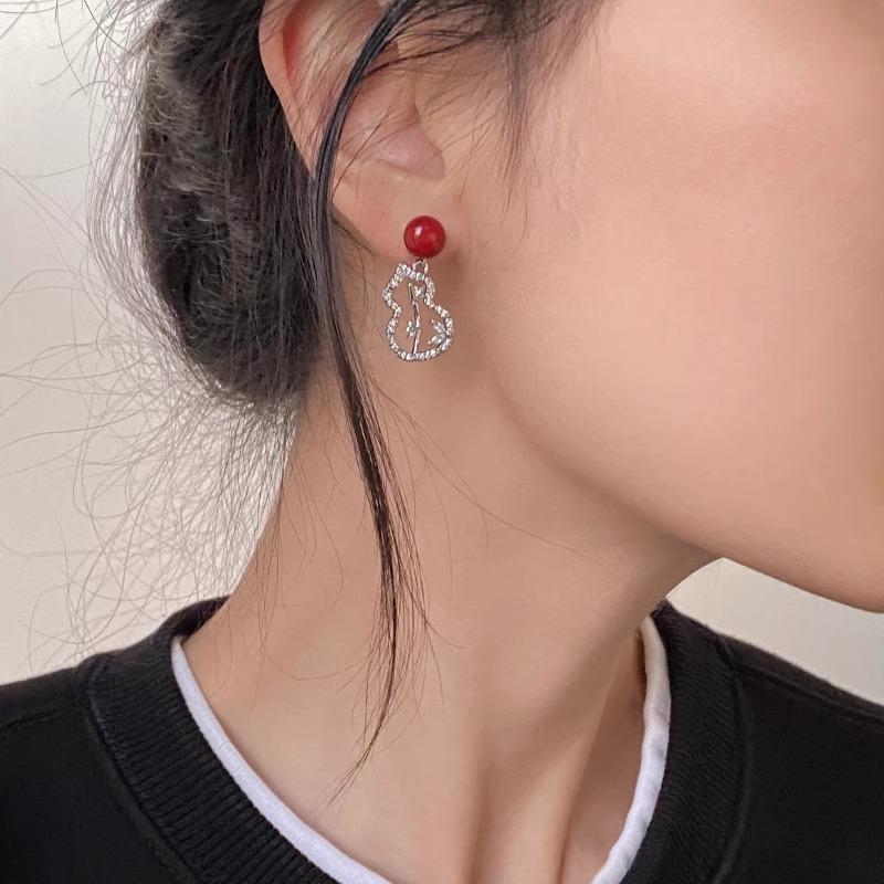 Silver Needle Ankara Red Premium Textured Burgundy Autumn and Winter New Chinese Gourd Earrings Women