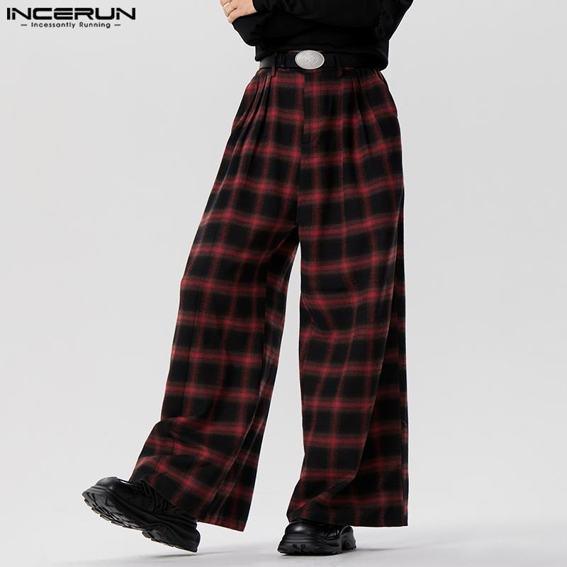 INCERUN Pánské kostkované ležérní dlouhé kalhoty s elastickým pasem