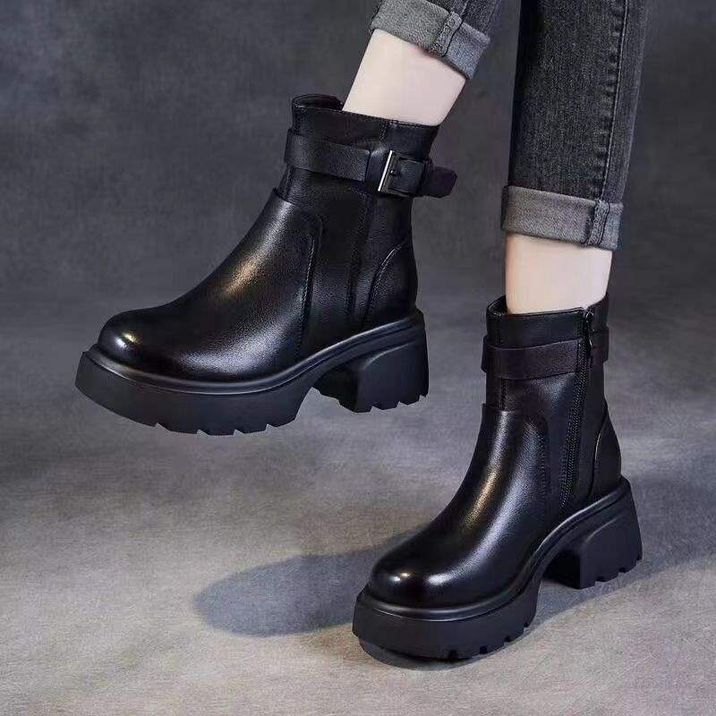 Small thick-soled Martin boots for women's autumn and winter new versatile Chelsea boots British soft leather locomotive short boots for women