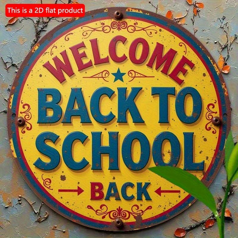 2d Flat 20*20cm Retro Style, Welcome Back To School, Wooden Logo Round, Rural Wooden Wall Decoration with Colorful Borders and Leaf Decorations