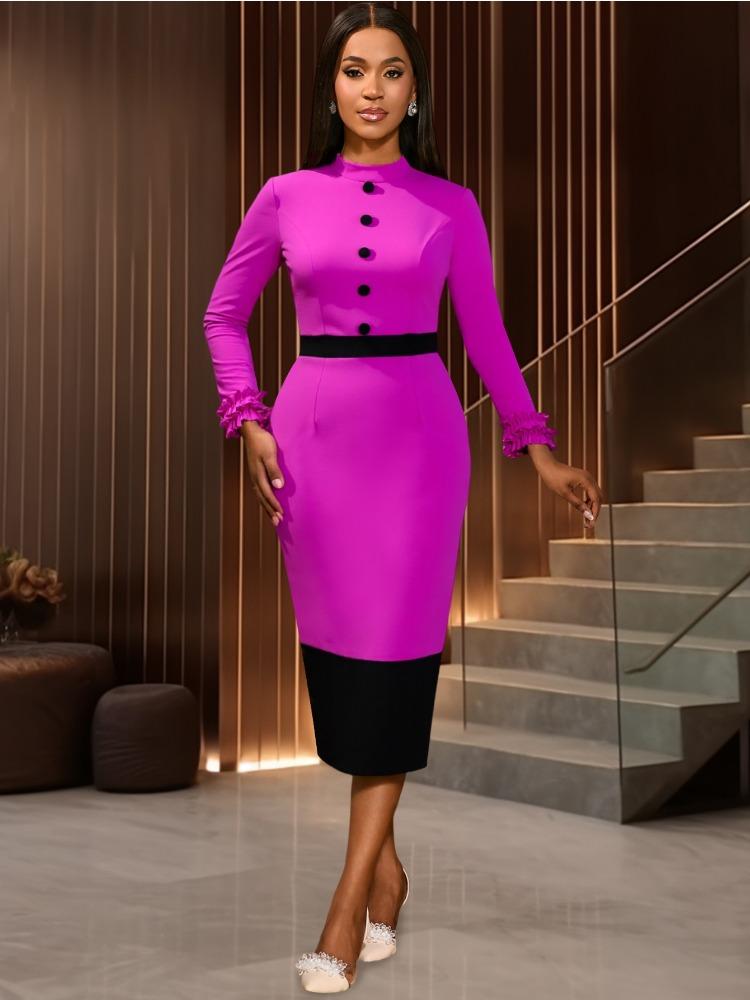 

Женские элегантные церковные миди-платья с полувысоким воротником, длинными рукавами, оборками, пуговицами, цветным блоком, для офиса, вечеринки, осени XXL ярко-розовый