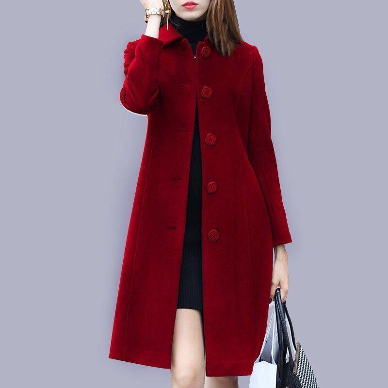 Women's British-Style Slim Fit Woolen Coat, Medium Length