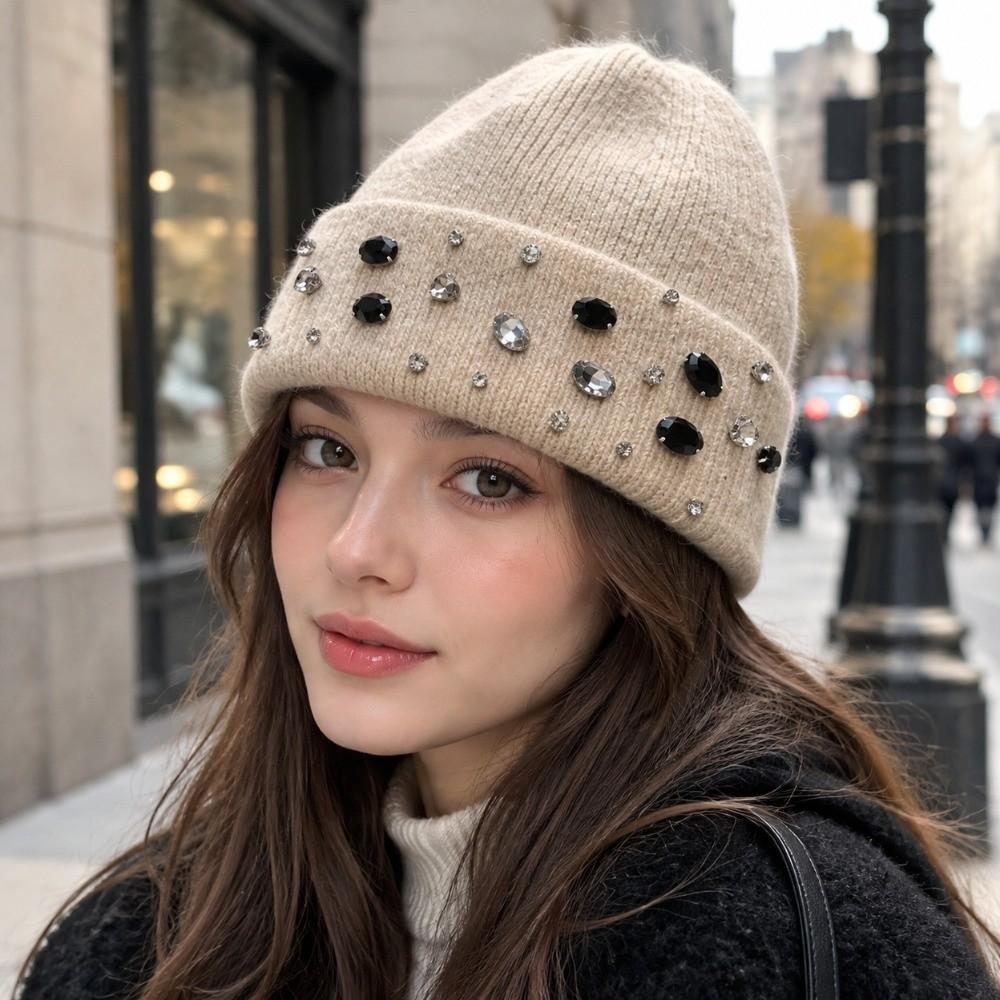 Thick Warm Beanie Versatile Windproof Cap Gift Rhinestone Knitted Hat Daily Wear