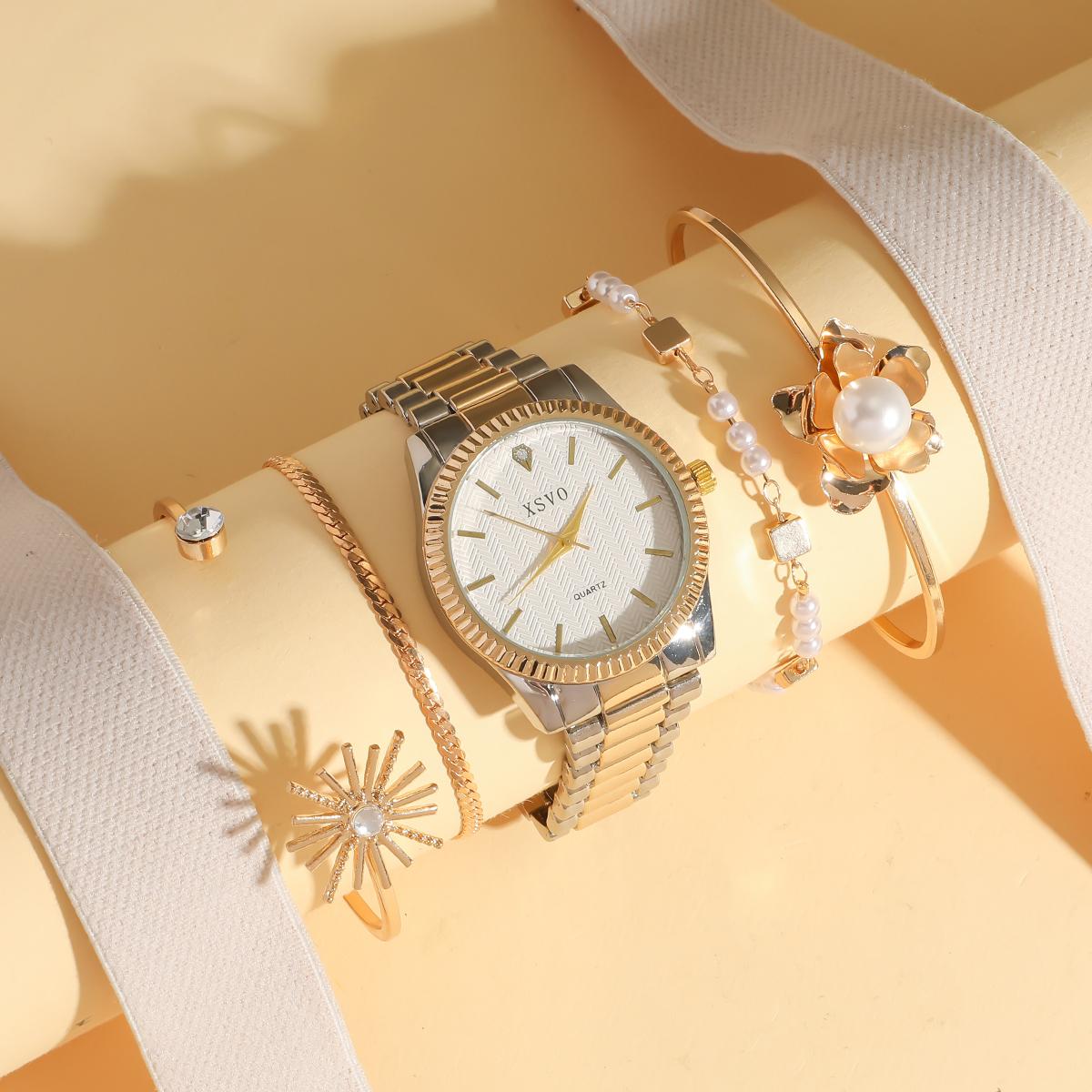 

New fashion diamond scale square diamond women s watch business quartz watch, pearl bracelet five-piece set, no gift box різнокольоровий