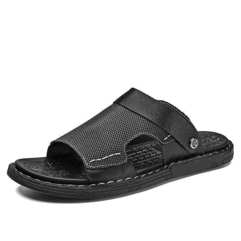 

W7621 Men S Shoes One-Word Foot Sandals Summer Cowhide Surface Handmade Flat Two Shoes Half Slippers Beach Sandals 38