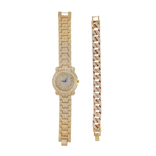 Bling-ed Out Round Luxury Men's Watch with Bling-ed Out Cuban Bracelet - L0504B - Gold/Gold