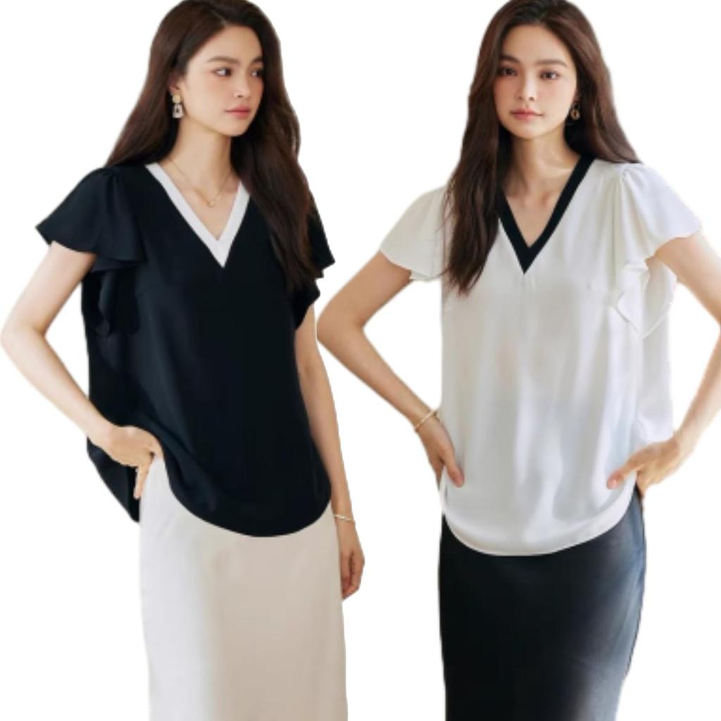 Chiffon Shirt Short Sleeve Ruffle Solid Loose Wear [POGCZMKK] Women's Top, Pullover, V-Neck, Blouse, Color, Fluffy, Fit, Slimming, Elegant,